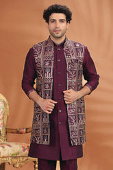 Wine Purple Silk Embroidered Indo Western Jacket Set